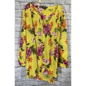 Roamans Yellow Floral Tunic Top Womens 30W Pleated V Neck Cottage Lightweight
